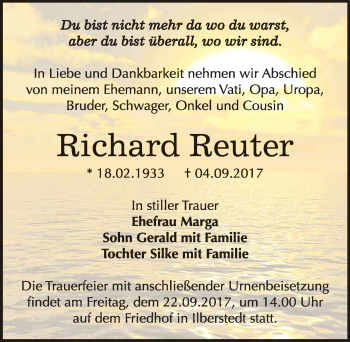 Traueranzeige von Richard Reuter von Mitteldeutsche Zeitung Bernburg