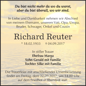 Traueranzeige von Richard Reuter von Super Sonntag Bernburg