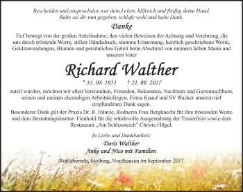 Traueranzeige von Richard Walther von Mitteldeutsche Zeitung Sangerhausen