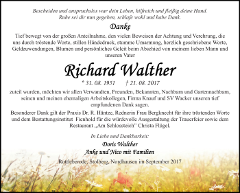 Traueranzeige von Richard Walther von Super Sonntag SGH Mansf. Land