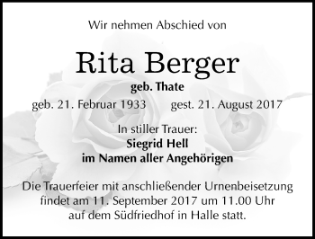 Traueranzeige von Rita Berger von Mitteldeutsche Zeitung Halle/Saalkreis