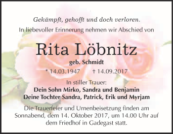 Traueranzeige von Rita Löbnitz von WVG - Wochenspiegel Wittenberg