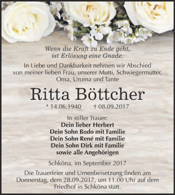 Traueranzeige von Ritta Böttcher von WVG - Wochenspiegel Wittenberg