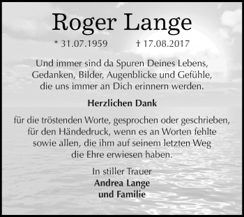 Traueranzeige von Roger Lange von Wochenspiegel Mansfelder Land