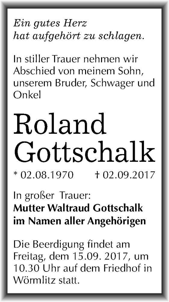  Traueranzeige für Roland Gottschalk vom 12.09.2017 aus Mitteldeutsche Zeitung Halle/Saalkreis