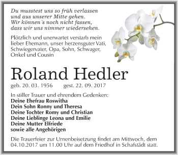 Traueranzeige von Roland Hedler von Mitteldeutsche Zeitung Merseburg/Querfurt