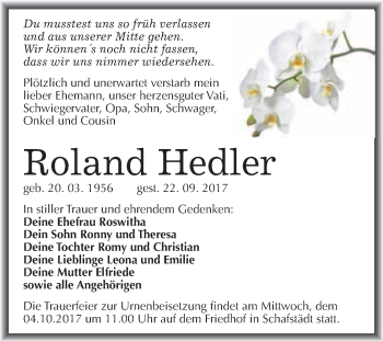 Traueranzeige von Roland Hedler von WVG - Wochenspiegel Merseburg