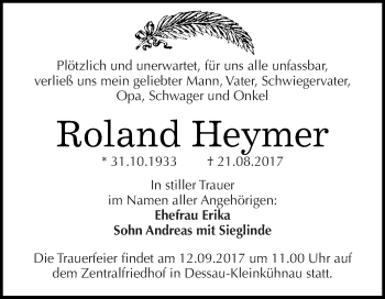 Traueranzeige von Roland Heymer von WVG - Wochenspiegel Dessau / Köthen
