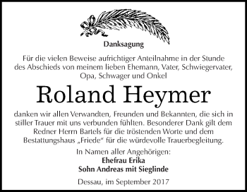 Traueranzeige von Roland Heymer von WVG - Wochenspiegel Dessau / Köthen