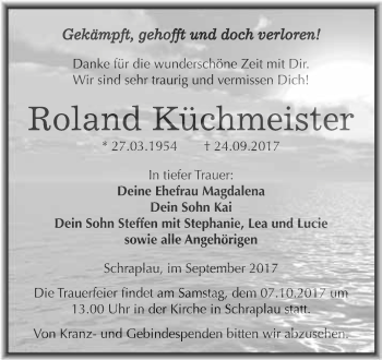 Traueranzeige von Roland Küchmeister von WVG - Wochenspiegel Merseburg