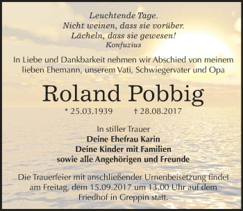 Traueranzeige von Roland Pobbig von Mitteldeutsche Zeitung Bitterfeld
