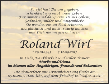 Traueranzeige von Roland Wirl von WVG - Wochenspiegel Bitterfeld