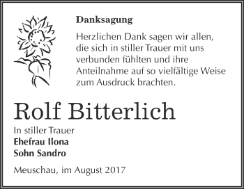 Traueranzeige von Rolf Bitterlich von Super Sonntag Merseburg