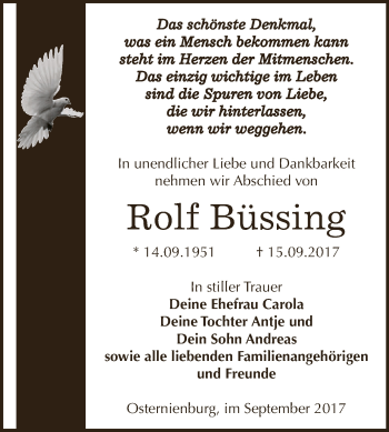 Traueranzeige von Rolf Büssing von WVG - Wochenspiegel Dessau / Köthen