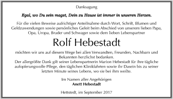 Traueranzeige von Rolf Hebestadt von Mitteldeutsche Zeitung Mansfelder Land