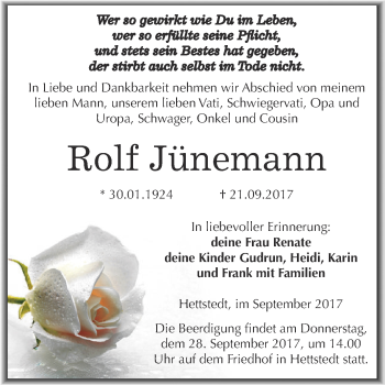 Traueranzeige von Rolf Jünemann von Wochenspiegel Mansfelder Land