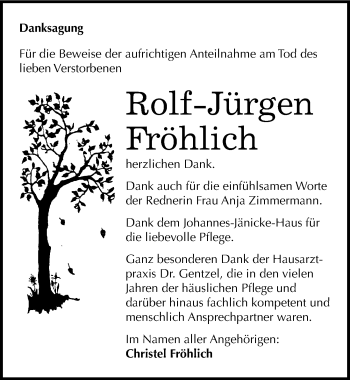 Traueranzeige von Rolf-Jürgen Fröhlich von Mitteldeutsche Zeitung Halle/Saalkreis
