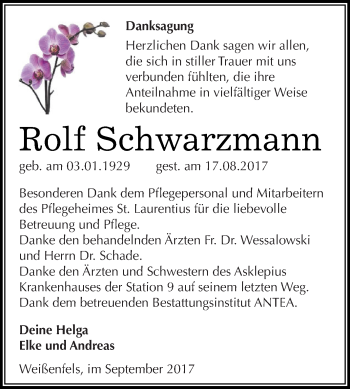 Traueranzeige von Rolf Schwarzmann von WVG - Wochenspiegel NMB / WSF / ZTZ