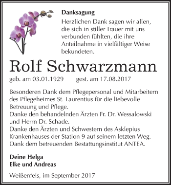 Traueranzeige von Rolf Schwarzmann von Mitteldeutsche Zeitung Weißenfels