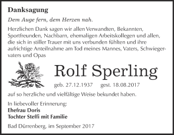 Traueranzeige von Rolf Sperling von Super Sonntag Merseburg