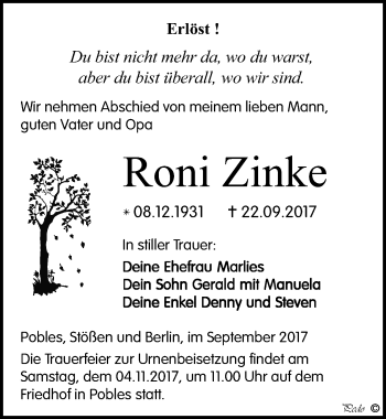 Traueranzeige von Roni Zinke von Mitteldeutsche Zeitung Weißenfels