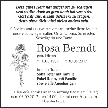 Traueranzeige von Rosa Berndt von Super Sonntag Bernburg