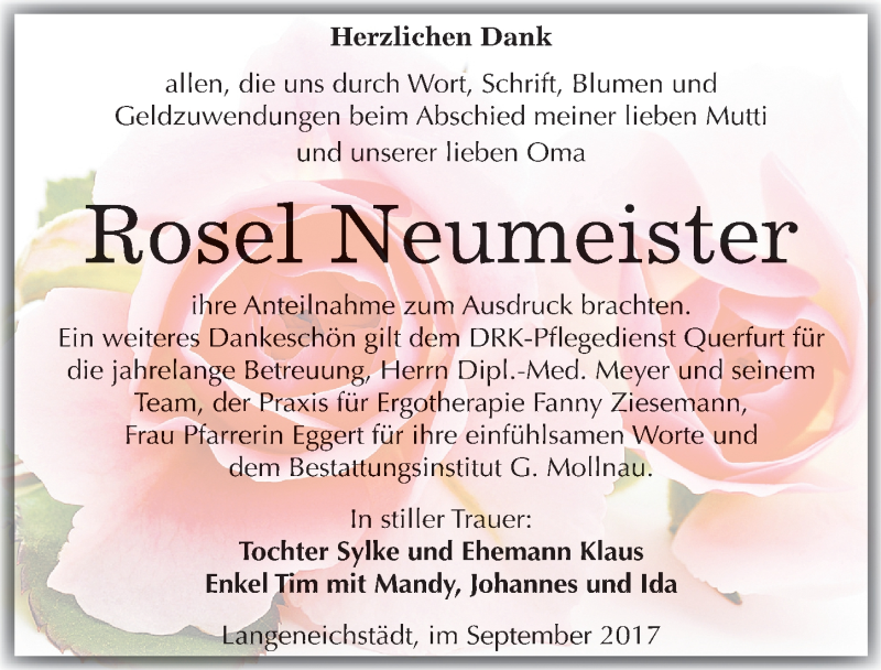  Traueranzeige für Rosel Neumeister vom 30.09.2017 aus Mitteldeutsche Zeitung Merseburg/Querfurt