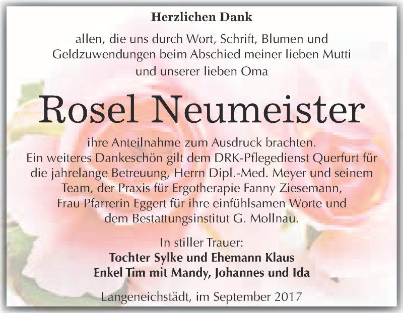  Traueranzeige für Rosel Neumeister vom 30.09.2017 aus WVG - Wochenspiegel Merseburg