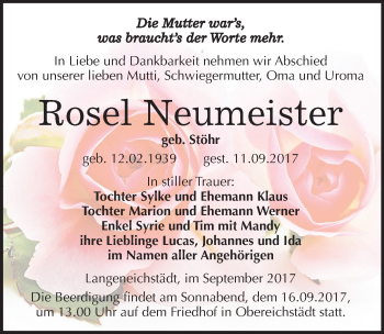 Traueranzeige von Rosel Neumeister von Mitteldeutsche Zeitung Merseburg/Querfurt