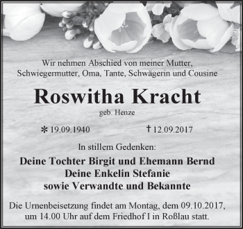 Traueranzeige von Roswitha Kracht von WVG - Wochenspiegel Dessau / Köthen