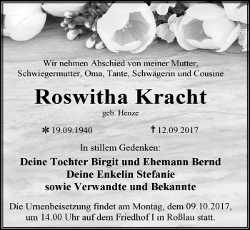 Traueranzeige von Roswitha Kracht von Mitteldeutsche Zeitung Dessau-Roßlau