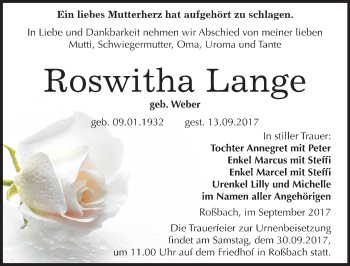 Traueranzeige von Roswitha Lange von Mitteldeutsche Zeitung Merseburg/Querfurt