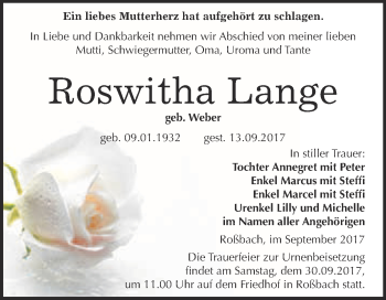 Traueranzeige von Roswitha Lange von WVG - Wochenspiegel Merseburg