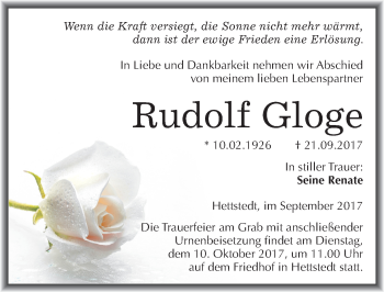 Traueranzeige von Rudolf Gloge von Mitteldeutsche Zeitung Mansfelder Land