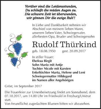 Traueranzeige von Rudolf Thürkind von Mitteldeutsche Zeitung Naumburg/Nebra