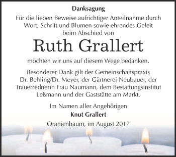 Traueranzeige von Ruth Grallert von WVG - Wochenspiegel Wittenberg