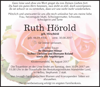 Traueranzeige von Ruth Hörold von Mitteldeutsche Zeitung Mansfelder Land