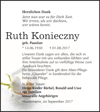 Traueranzeige von Ruth Konieczny von WVG - Wochenspiegel Bitterfeld