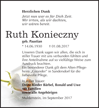 Traueranzeige von Ruth Konieczny von Mitteldeutsche Zeitung Bitterfeld