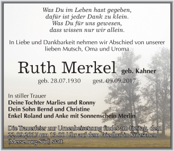 Traueranzeige von Ruth Merkel von Mitteldeutsche Zeitung Merseburg/Querfurt
