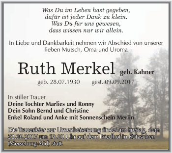 Traueranzeige von Ruth Merkel von WVG - Wochenspiegel Merseburg