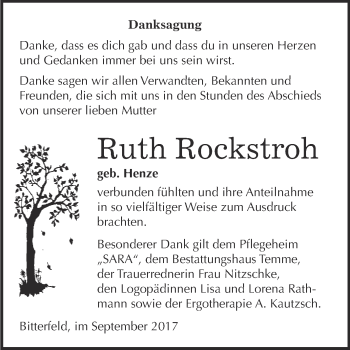 Traueranzeige von Ruth Rockstroh von WVG - Wochenspiegel Bitterfeld