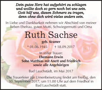 Traueranzeige von Ruth Sachse von WVG - Wochenspiegel Merseburg