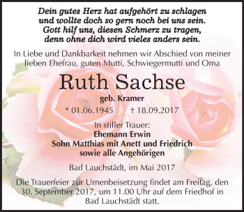 Traueranzeige von Ruth Sachse von Mitteldeutsche Zeitung Merseburg/Querfurt