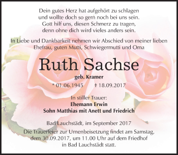 Traueranzeige von Ruth Sachse von Mitteldeutsche Zeitung Merseburg/Querfurt