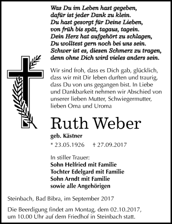 Traueranzeige von Ruth Weber von Mitteldeutsche Zeitung Naumburg/Nebra
