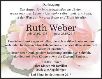 Traueranzeige von Ruth Weber von WVG - Wochenspiegel NMB / WSF / ZTZ