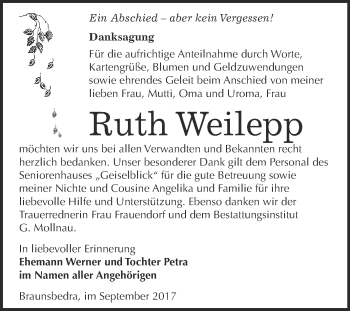Traueranzeige von Ruth Weilepp von WVG - Wochenspiegel Merseburg