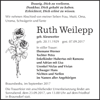 Traueranzeige von Ruth Weilepp von WVG - Wochenspiegel Merseburg