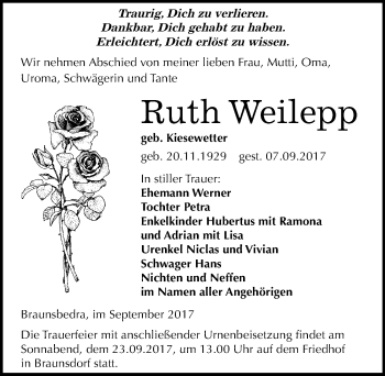 Traueranzeige von Ruth Weilepp von Mitteldeutsche Zeitung Merseburg/Querfurt